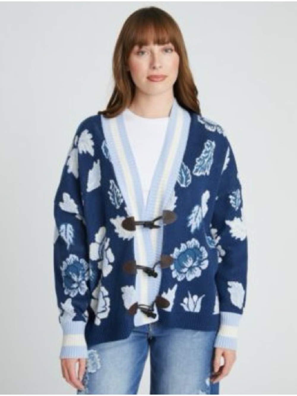 Brand New DRIFTWOOD Blue Floral Toggle Cardigan Sweater